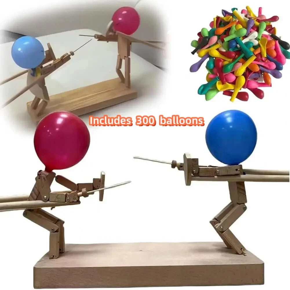 Balloon Bamboo Man Battle, Handmade Wooden Fencing Puppets, Wooden